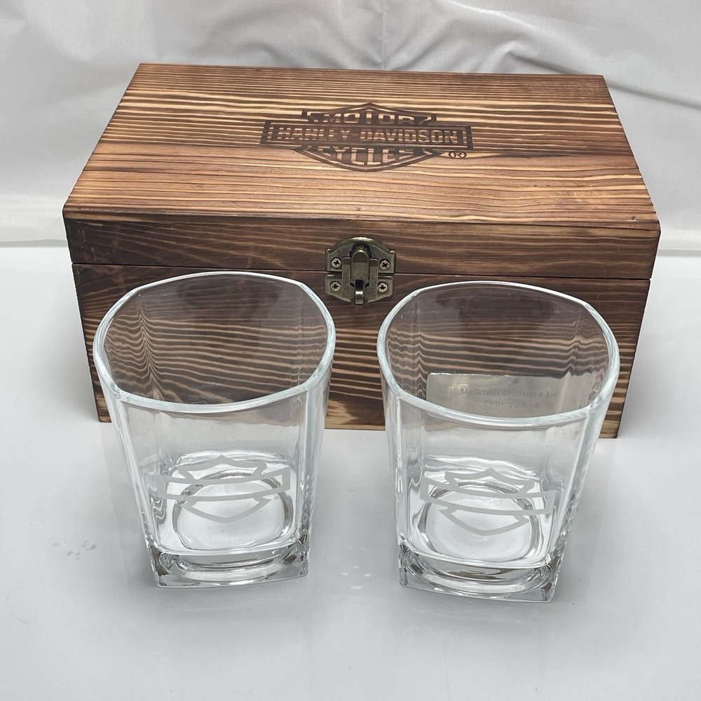 Harley Davidson Bar & Shield Premium Whiskey Glass Wooden Box Gift Set
